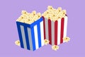 Character flat drawing fresh sweet delicious pop corn with stripped pattern paper box. Snack for watching movies concept. Logo for