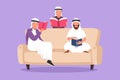 Character flat drawing friendly Arab family reads books together in living room at home. Brothers and children are sitting on