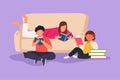 Character flat drawing friendly family reads books together in living room at home. Parents and children are sitting on couch. The Royalty Free Stock Photo