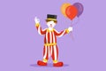 Character flat drawing of funny clown standing and holding balloons with gesture okay, wearing hat and clown costume ready to Royalty Free Stock Photo