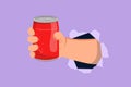 Character flat drawing of hand holding a aluminum can drink through torn blue paper or hole without label. Beverages in metal Royalty Free Stock Photo