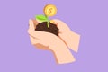 Character flat drawing hands of farmer is planting money seedlings into soil logo, icon, symbol. Money, saving and investment or Royalty Free Stock Photo