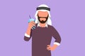 Character flat drawing handsome Arab man looking and holding plastic glass of orange juice with one hand on the waist. Feel