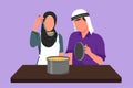 Character flat drawing handsome husband holding pan lid and his beauty wife tasting food using cooking spoon. Happy Arab couple