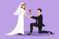 Character flat drawing handsome man on knee gives flower to beautiful woman. Young guy giving to cute girl rose flower in wedding Royalty Free Stock Photo