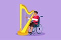 Character flat drawing handsome man sitting in wheelchair plays harp in concert. Disability and classical music performance.