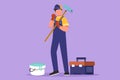 Character flat drawing handyman standing and holding long roll paintbrush with celebrate gesture and toolbox. Ready to home