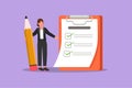 Character flat drawing of happy beautiful businesswoman standing with big pencil, clipboard, checklist completed. Business success Royalty Free Stock Photo