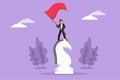 Character flat drawing happy businesswoman standing on top of big horse knight chess and waving flag. Business achievement goal,