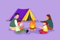 Character flat drawing happy camping or hiking family warm their bodies around campfire tents. Dad, son, mom and daughter sitting