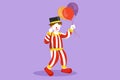 Character flat drawing of happy clown standing and holding balloons with celebrate gesture, wearing hat and clown costume ready to Royalty Free Stock Photo