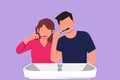 Character flat drawing happy couple brushing their teeth in bathroom sink. Routine habits for cleanliness and health of mouth and