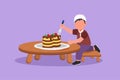 Character flat drawing happy cute little boy eating creamy birthday cake at table. Adorable Arabian kid enjoy sweet dessert snack