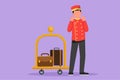 Character flat drawing of happy doorman standing with celebrate gesture and full of trolley bag with suitcase. Porter working with