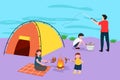 Character flat drawing happy family camping logo. Mother roasting fish with daughter for meal. Father catching fish with son. Royalty Free Stock Photo