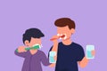 Character flat drawing happy father teaching his cute son brushing teeth in bathroom. Routine habits for cleanliness. Healthy