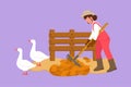 Character flat drawing happy female breeder cleaning geese or duck cages with a rake. Successful countryside farming. Rural scene