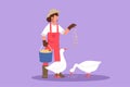 Character flat drawing happy female farmer feeding geese or ducks to be healthy, produce best eggs and meat. Countryside farming.