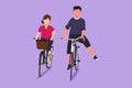 Character flat drawing happy funny young couple riding on bicycle. Romantic teenage couple ride bike at city park. Young man and Royalty Free Stock Photo