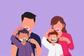 Character flat drawing of happy kids and parents brushing their teeth each other in the bathroom. Routine habits for oral and