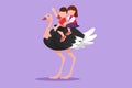 Character flat drawing happy little boy and girl riding cute ostrich together. Children sitting on back ostrich with holding its