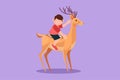 Character flat drawing of happy little boy riding deer in zoo. Brave child sitting on back deer with saddle in ranch ground.