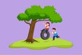 Character flat drawing happy little boys and girls playing tire swing under tree. Cheerful kids swinging on tire hanging from tree Royalty Free Stock Photo