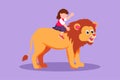 Character flat drawing happy little girl riding lion at zoo. Adorable child sitting on back big lion at circus event. Brave cute Royalty Free Stock Photo