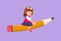 Character flat drawing happy little girl sitting on flying pencil, get ready for studying. Smart kid riding on writing stationery Royalty Free Stock Photo