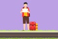 Character flat drawing of happy man traveler hitchhiking. Young tourists with backpacks trying catch car on road. Holidays