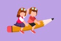 Character flat drawing of happy school kids riding flying pencil, get ready for studying. Children riding on stationary. Back to Royalty Free Stock Photo