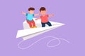 Character flat drawing happy two little boys flying on paper plane. Cheerful kids flying on paper airplane together. Smart