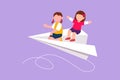 Character flat drawing happy two little girls flying on paper plane. Pretty kids flying on paper airplane together. Smart children Royalty Free Stock Photo