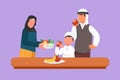 Character flat drawing healthy food for kids and Arab family concept. Happy father mother and little son characters eating and