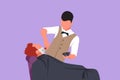 Character flat drawing hipster client visiting barber shop. Sitting on chair to shave beard. Hairstylist serving client at