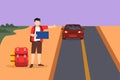 Character flat drawing hitchhiking man with luggage and thumbs up waiting for car by roadside. Young male thumbing or hitching