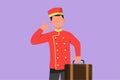 Character flat drawing hotel doorman in uniform held suitcase with call me gesture. Ready to serve guests in friendly and warm