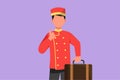 Character flat drawing hotel doorman in uniform held suitcase with thumbs up pose. Ready to serve guests in friendly and warm