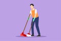 Character flat drawing of housekeeping male worker with broom and dustpan. Young man janitor, sweeping the floor with broom, Royalty Free Stock Photo