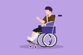 Character flat drawing injured and upset boy in gypsum or cast, sitting in wheelchair suffering from pain and trauma. Leg accident