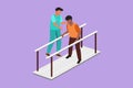 Character flat drawing isometric doctor physiotherapist helping male patient using leg prosthesis to take first step. physical