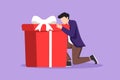 Character flat drawing of joyful businessman hugging huge birthday gift. Young satisfied male sitting near wrapped birthday gift