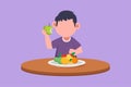 Character flat drawing little boy eating healthy fruit. Sitting at table eating apple. Watermelon and banana in tray placed on Royalty Free Stock Photo