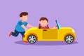 Character flat drawing little boy pushing his friend car on road. Boy and girl play with toy car together at amusement park. Kids Royalty Free Stock Photo