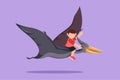 Character flat drawing little boy riding flying dinosaur. Pterodactyl ride with young kid sitting on back of dinosaur and flying Royalty Free Stock Photo