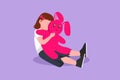 Character flat drawing little girl hug her doll and cry or scared or sad or feel bad or in trouble. Sitting on floor. Concept of Royalty Free Stock Photo