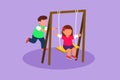 Character flat drawing little girl swinging on swing and her little boy friend helped push from behind. Happy kids playing swing