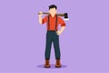 Character flat drawing lumberjack pose on the logging forest. Lumberjack with axe and downed log, standing wearing shirt, jeans Royalty Free Stock Photo