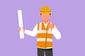 Character flat drawing male architect wearing vest and helmet with thumbs up gesture, carrying blueprint paper for the building