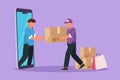 Character flat drawing male customer receives boxed package, through smartphone screen from male courier. Online delivery service